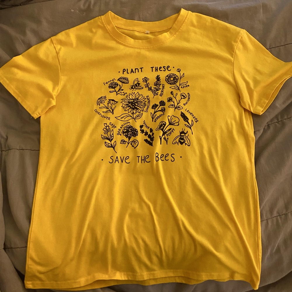 Medium Yellow Shirt, Save The Bees with different plants, no specific brand